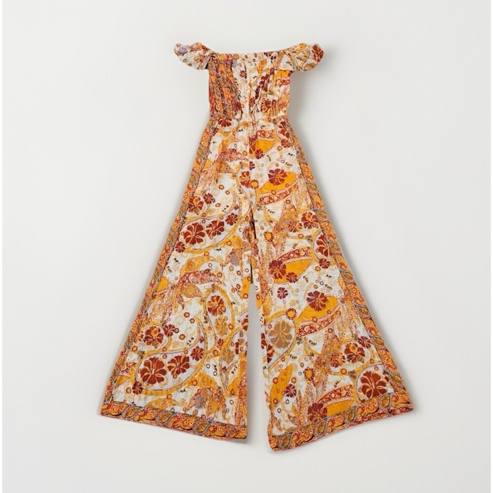 Free People Carmen Off-the-Shoulder Jumpsuit Orange Floral Print Boho Size XS - Picture 4 of 10